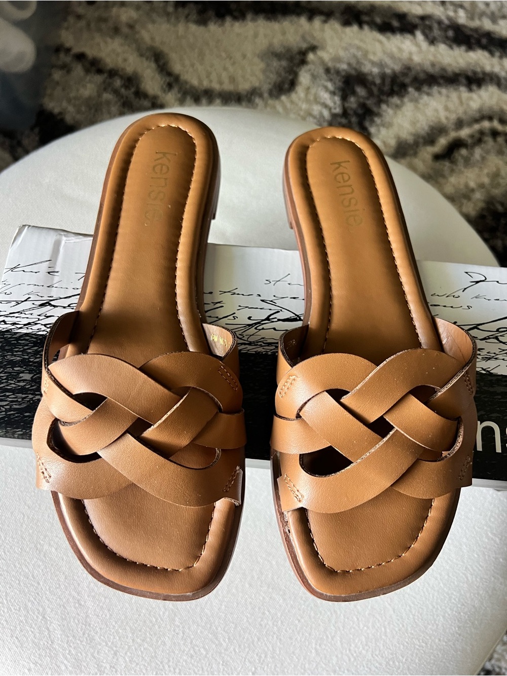 Kensie Brown Braided Leather Slide Sandals